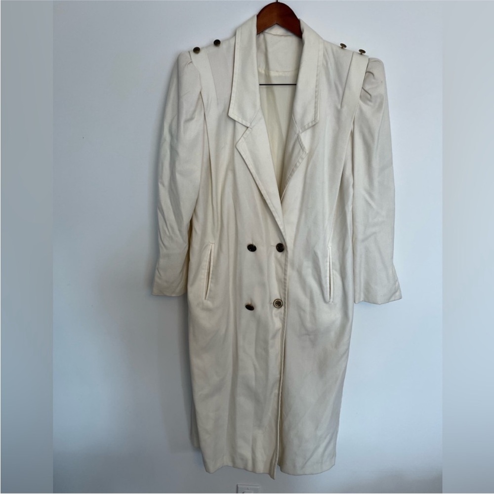 Vintage Cream Long Coat with Shoulder Pads Trench Style Size M